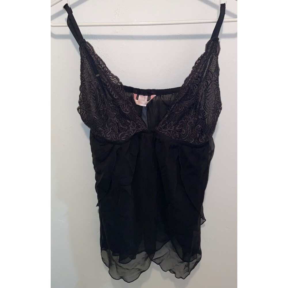 Victoria’s Secret Black Babydoll Lingerie Slip Dress L Lace Mesh Sexy vintage